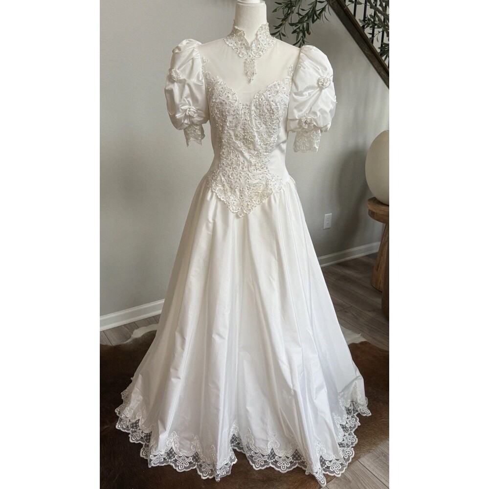 Vintage 1990s Authentic Mori Lee Satin Wedding Dress Illusion High Neck Bow S